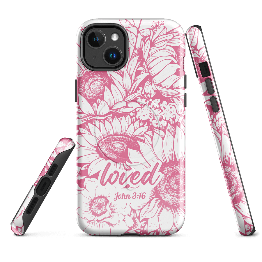 Loved John 3:16, Inspirational Gift, Tough iPhone Magnetic Case Scripture, Sunflower Bible Verse, MagSafe® iPhone® Tough Case, iPhone 14, iPhone 15, iPhone 16, Pro, Pro Max, Plus product image (1)