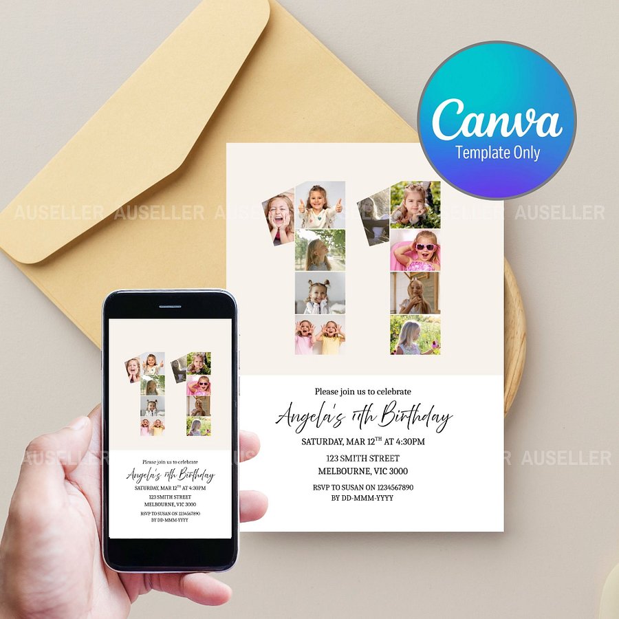 11th Birthday Photo Collage Editable Invitation Template product image (1)