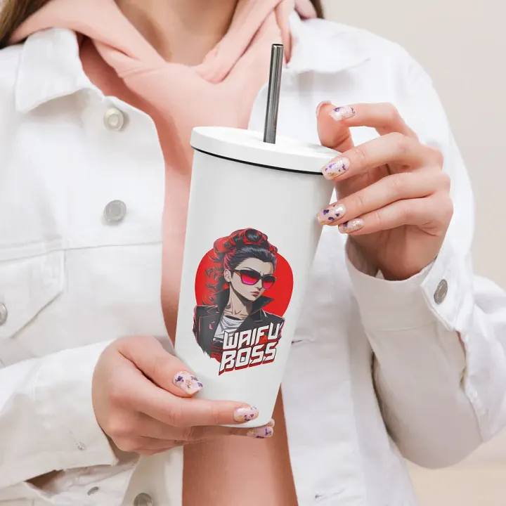 Waifu Boss 20 oz Tumbler Cup - White - Insulated Tumbler with a Straw v2 product image (2)