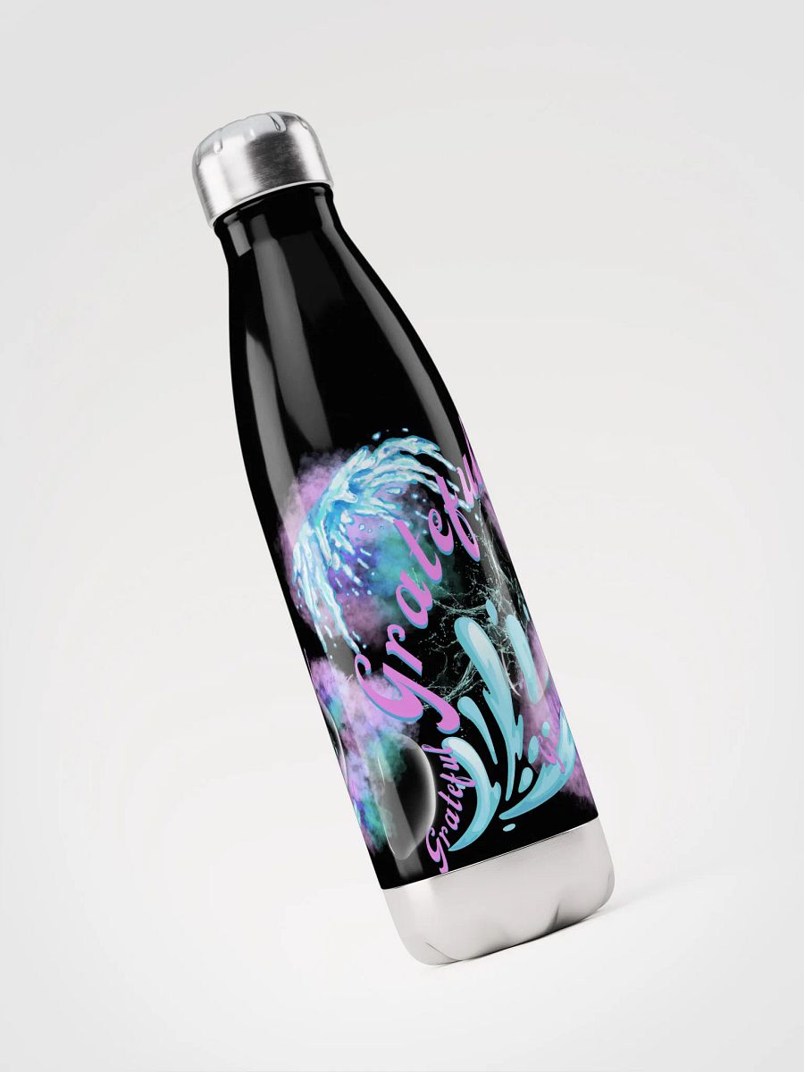 water bottle with beautiful swirly blue water splash and drops design featuring “Grateful’ product image (3)