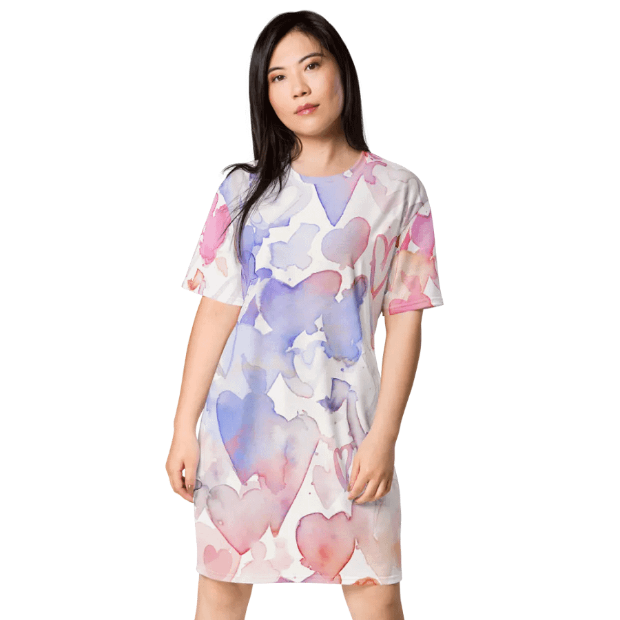 Happy Valentine Love seamless watercolour Pink and Blue hearts Pattern T-shirt Dress product image (3)