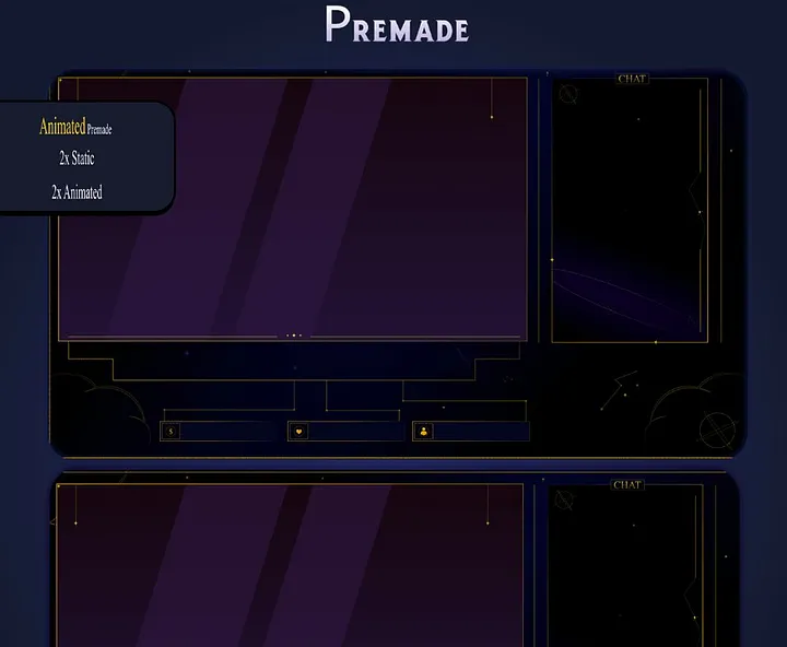 SIMPLE Dark STREAM OVERLAY Celestial, Dark overlay pack, Celestial Animated Overlay, Stream overlay pack, Black and gold Overla product image (1)