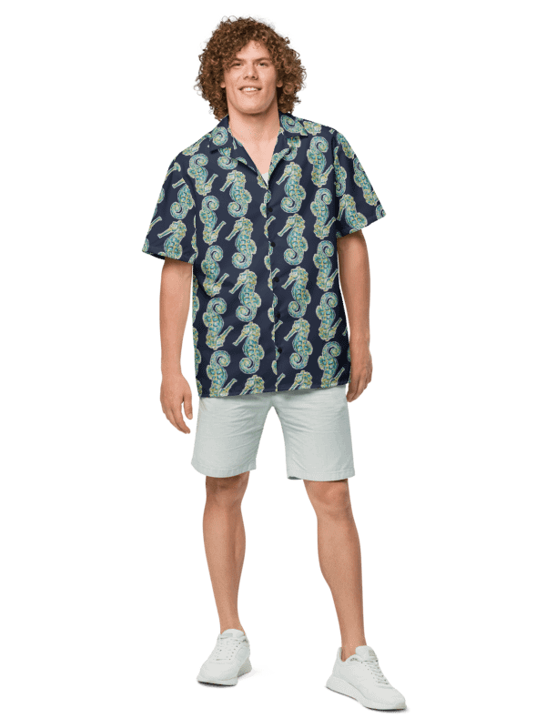 Men's | Ocean Majesty | Painted Seahorses on Navy | Hawaiian Shirt | Coastal Cool & Bold Hues product image (5)
