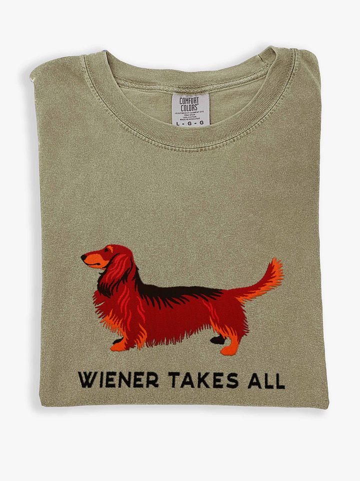 Wiener Takes All T-Shirt(Embroidered) of a Longhaired Dachshund(Red & Tan) product image (1)