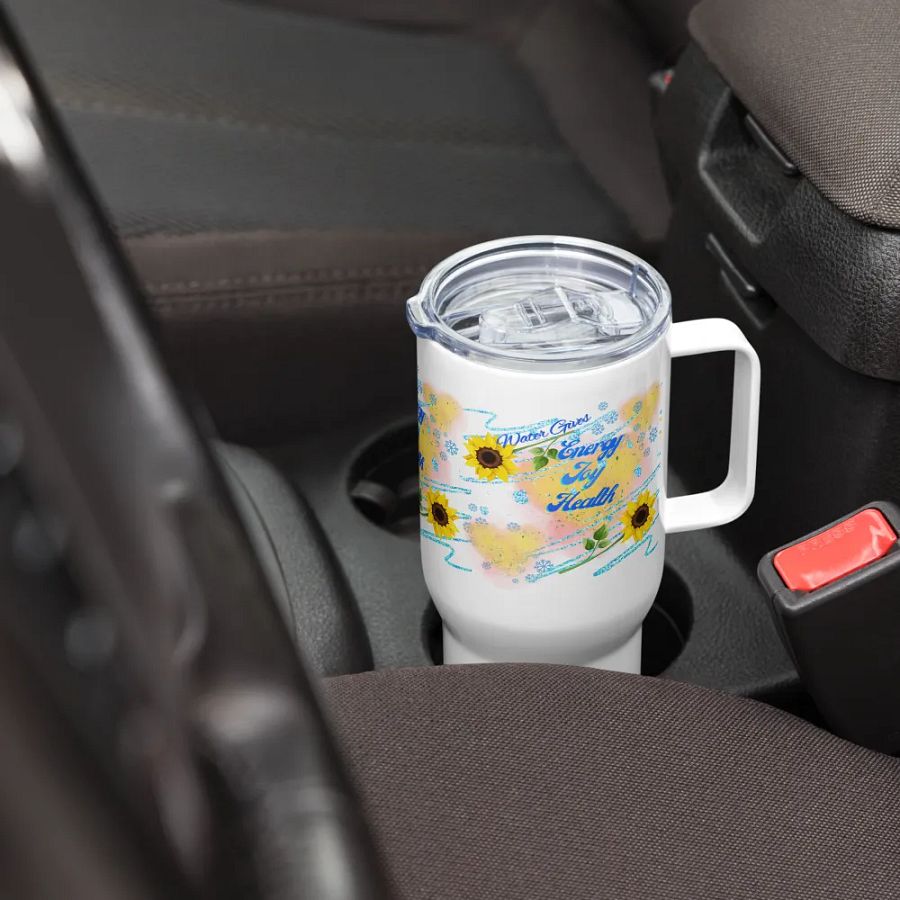 Travel mug with handle with beautiful sunflowerr water drops featuring ' This water gives Harmony in Body and Mind