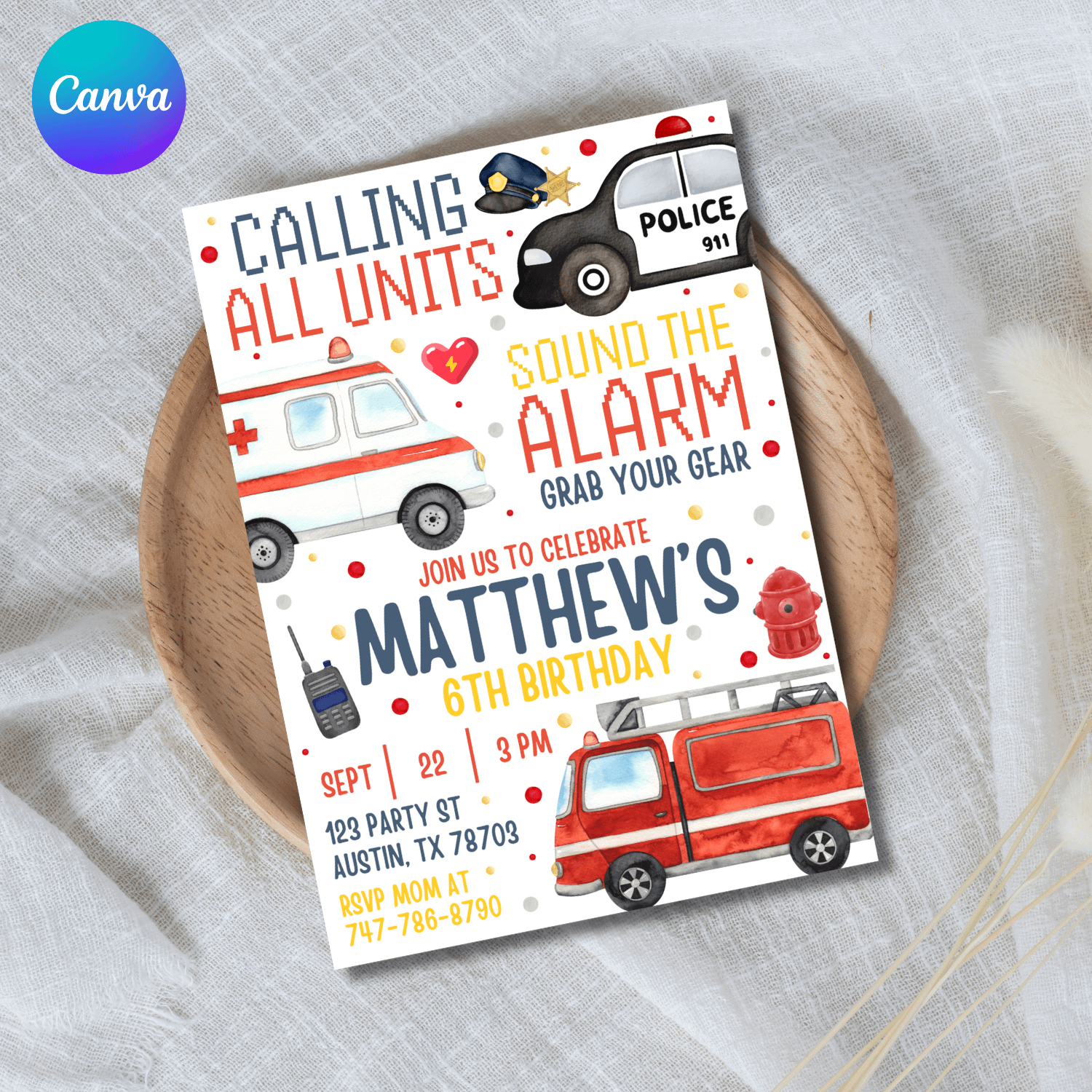 Police & Emergency Vehicle Birthday Invitation Template – Canva Editable 6th Birthday Invite product image (1)