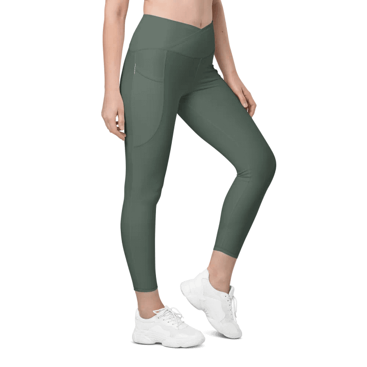 Plain Dark Sage Green Soft Summer Women's High Waisted Premium Crossover Leggings with Pockets by Treasure Pie product image (1)