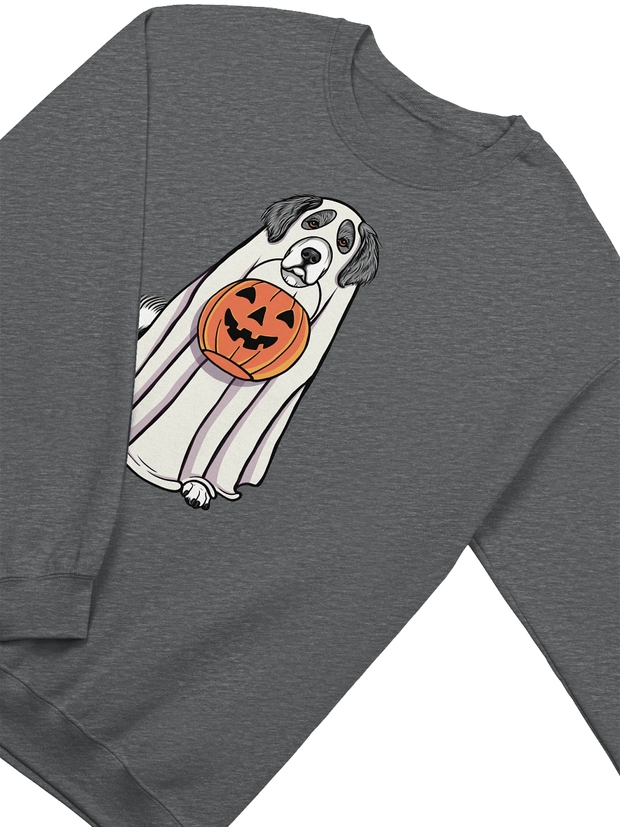 Funny Halloween Great Pyrenees(Gray) Sweatshirt | Funny Pyr Wearing a Ghost Costume and Holding a Pumpkin Basket product image (8)
