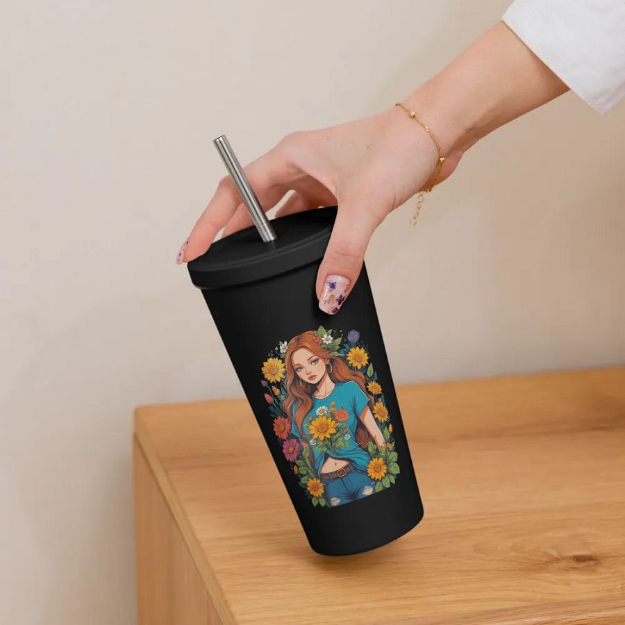 Bloomcore Flower Girl 20 oz Tumbler Cup - Black - Insulated Tumbler with a Straw - v1 product image (6)