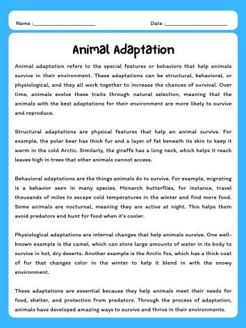 Animal Traits Reading Comprehension Passage & Questions product image (1)
