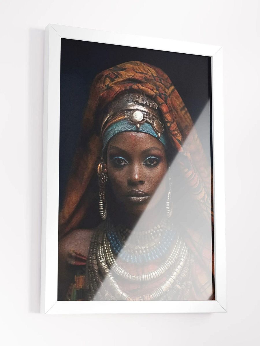 African Woman in Traditional Head Dress, Bronze & Blue Jewelry Poster Print, Framed product image (4)