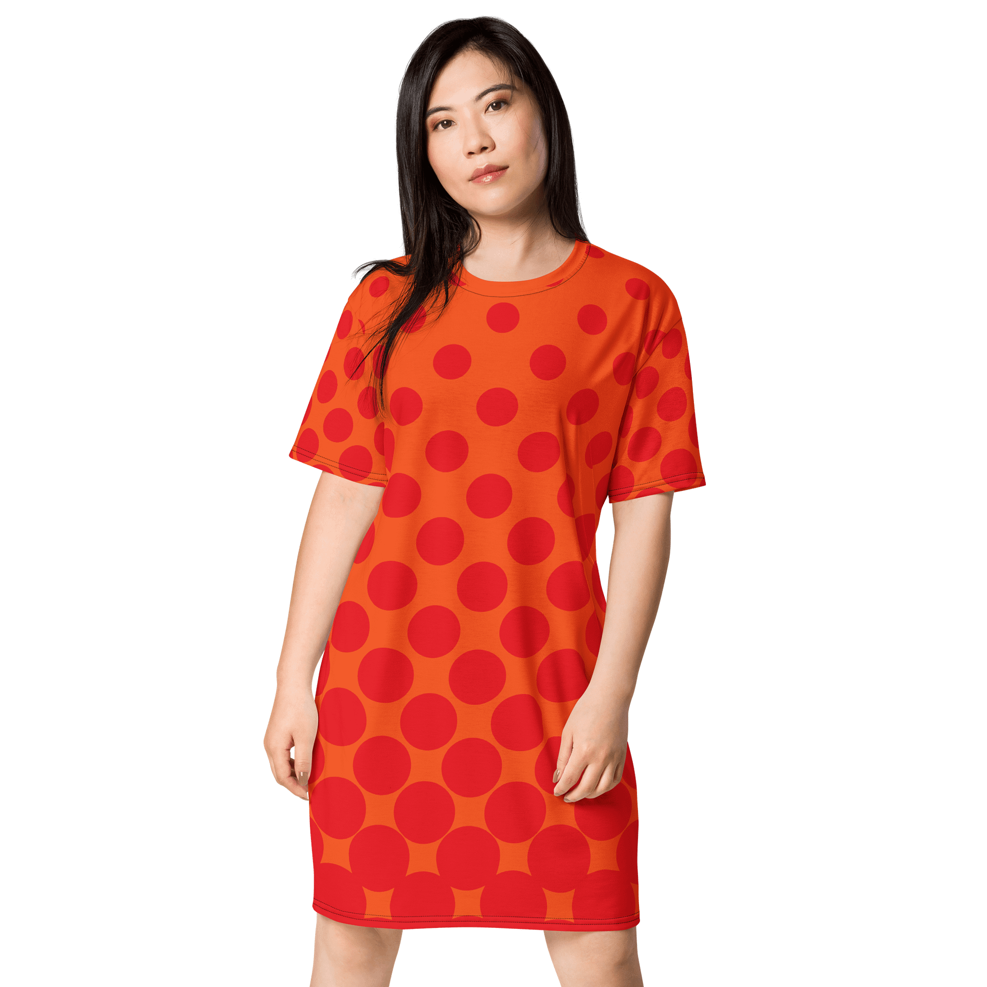Trendy Oversized T-Shirt Dress with Exclusive Orange Polka Dot Design - TDSMUSIC.com product image (1)