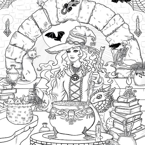 My new Etsy halloween colouring page is now available in my shop. Featuring a charming witch mixing a potion surrounded by en...