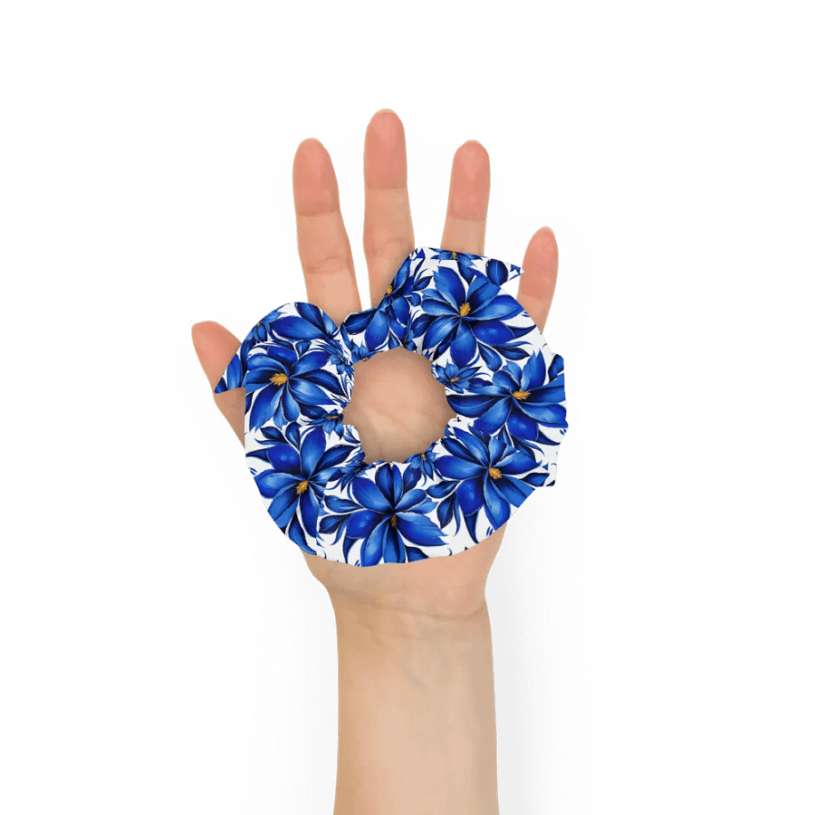Hair Scrunchie - Painted Blue Flowers on White product image (7)