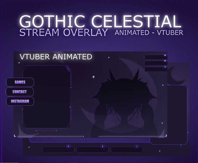 GOTHIC VTUBER STREAM OVERLAY ANIMATED - VTUBER PACK ANIMATED - GOTHIC CELESTIAL STREAM OVERLAY ANIMATED