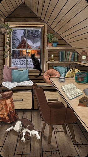 Cozy moments in a rustic cabin. 📚🐾 As the snow falls gently outside, this little nook is perfect for quiet reflections, a goo...