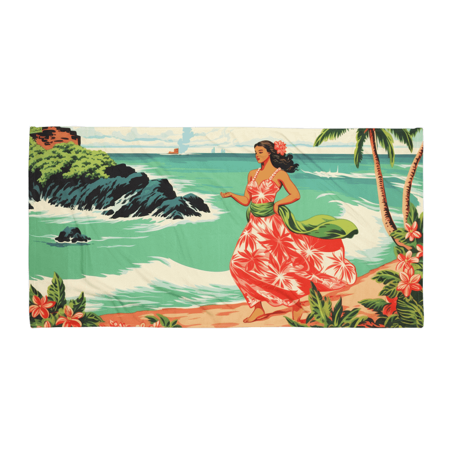 ISLAND BREEZE BEACH TOWEL – 30"x60", COTTON TERRY BACK, VINTAGE HULA GIRL COASTAL SCENE product image (1)