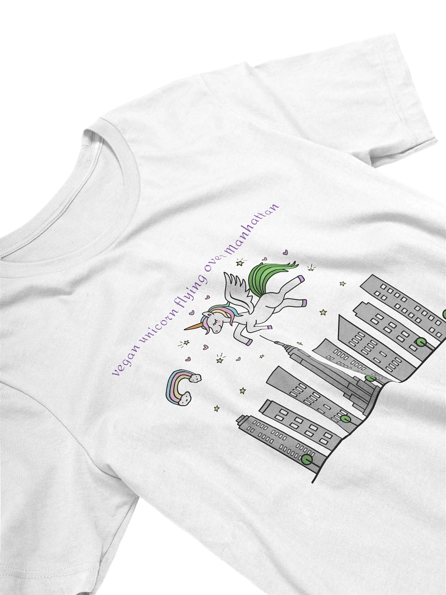 “Vegan Unicorn Flying Over Manhattan” Unisex White T-Shirt product image (2)