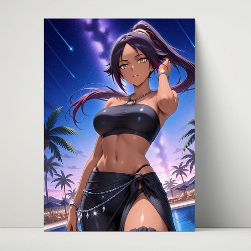 Shihouin Yoruichi Summer Night 8x10 Metal Print just dropped 🌴⚡
Goddess of Flash in black bikini + sarong, poolside under sho...