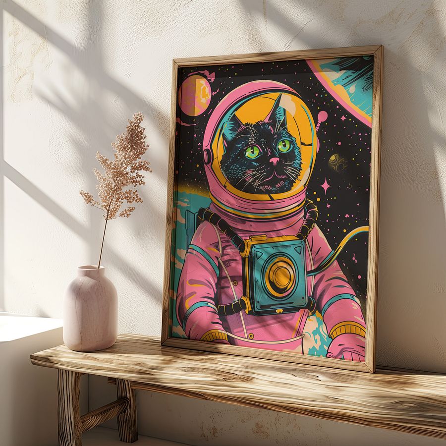 Astronaut Cat in Space Retro Wall Art Print product image (26)