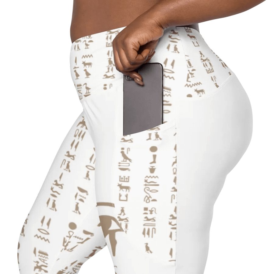 Nefertiti White Hieroglyphs All-Over Print Crossover Leggings with Pockets product image (7)