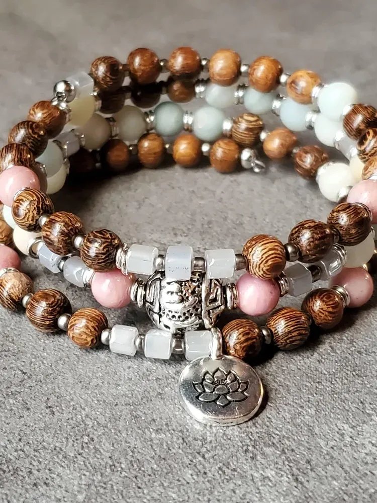 Om Mani Padme Hum Boho Wrap Bracelet – Triple Wrap Amazonite Rhodonite Roble Wood – Meditation Jewelry – Stress Relief Gift product image (3)