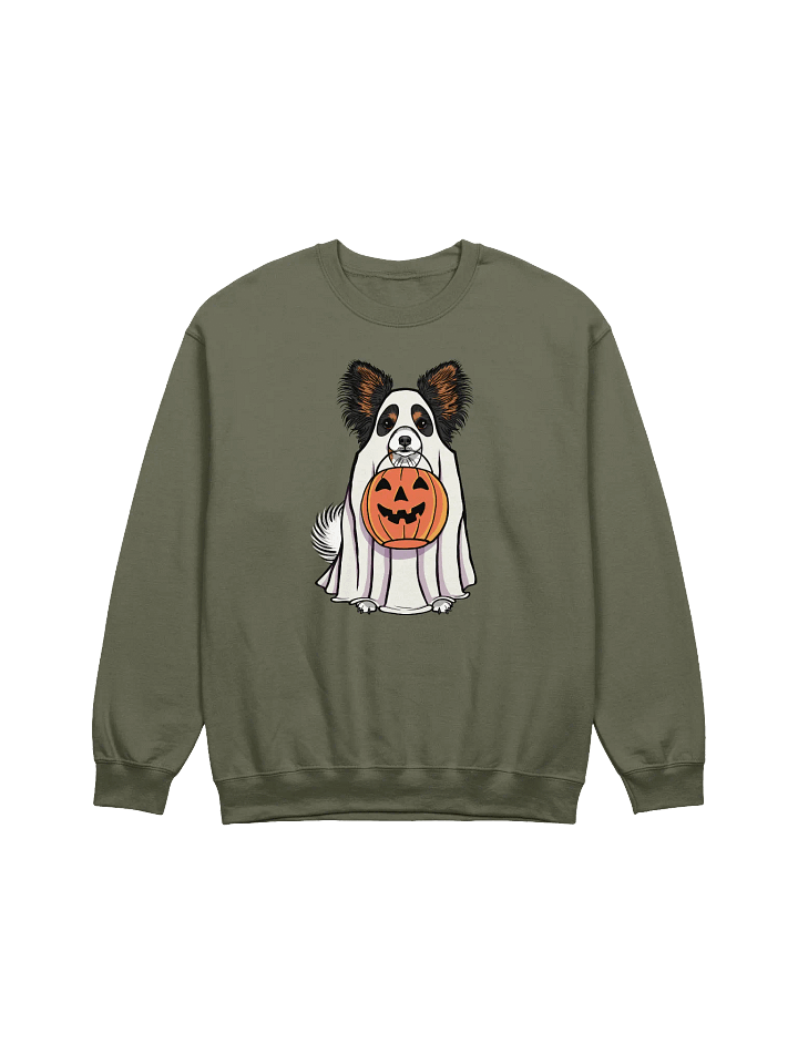 Funny Halloween Papillon(Tricolor) Sweatshirt | Funny Papillon Wearing a Ghost Costume and Holding a Pumpkin Basket product image (1)