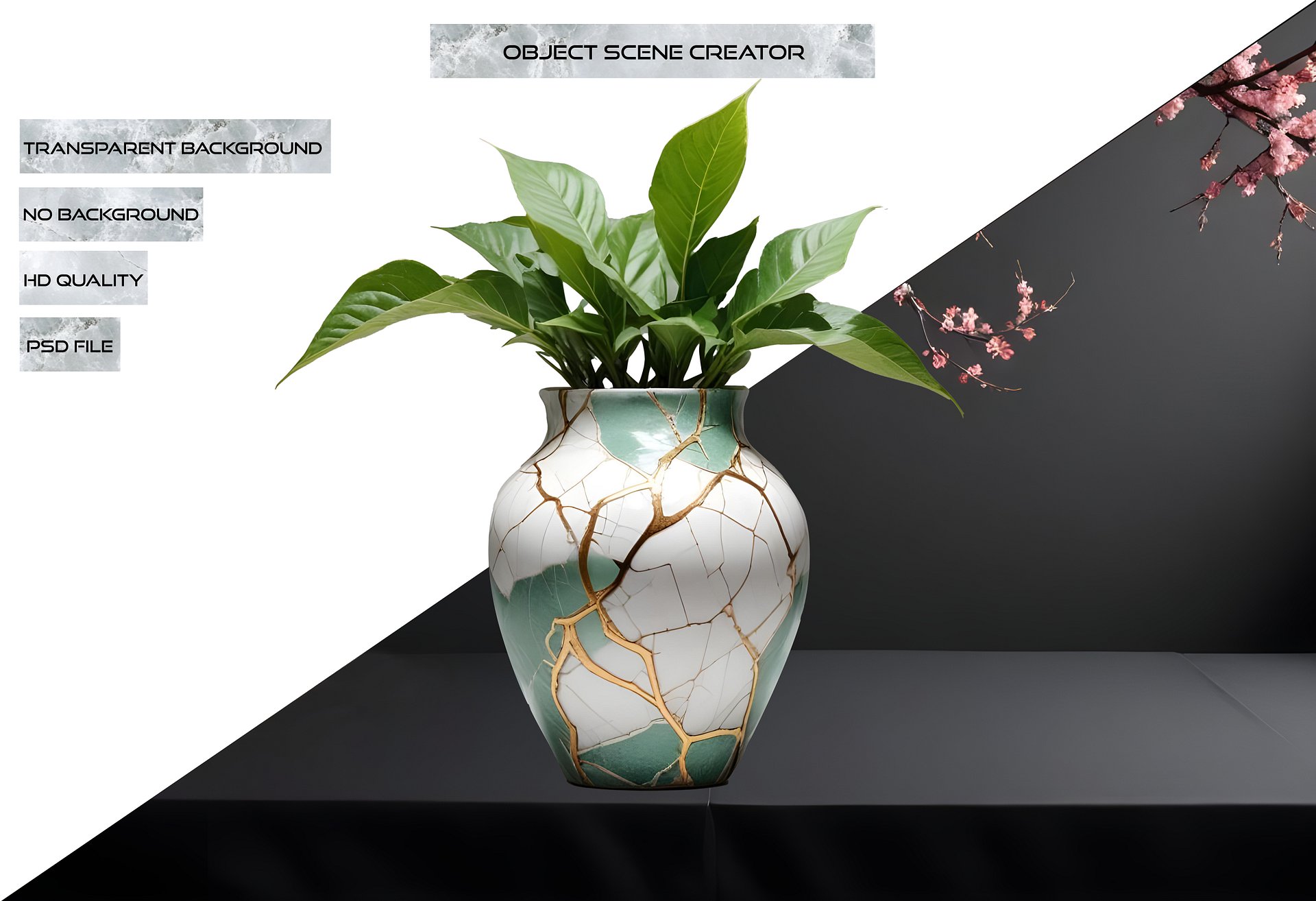 Kintsugi Serenity – Green and White Planter with Golden Cracks PNG product image (2)