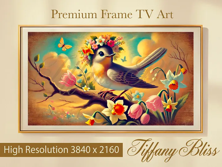 Spring Frame TV Art, Bird Floral Crown Painting, Art for Samsung Frame TV, Digital Download product image (1)