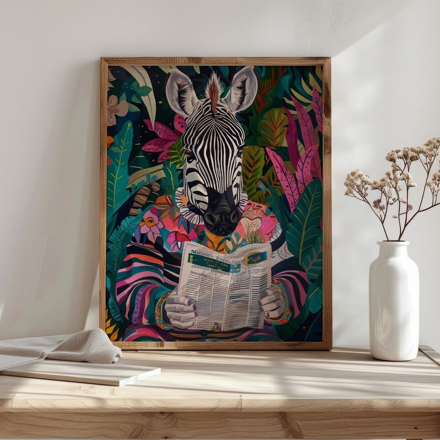 Zebra Reading a Newspaper Maximalist Animal Art Print product image (19)
