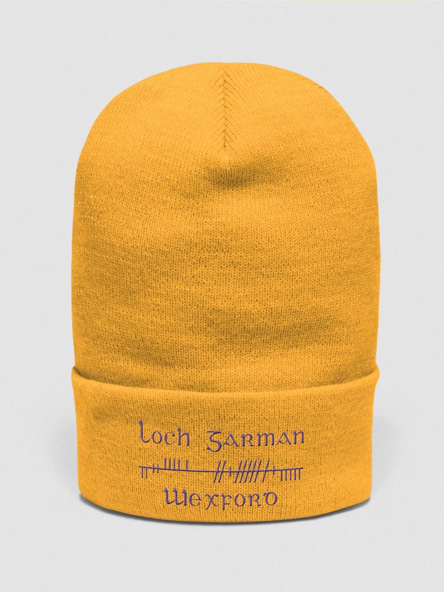 Wexford/Loch Garman, yellow with purple, Orthodox style Ogham embroidered Cuffed Beanie product image (1)