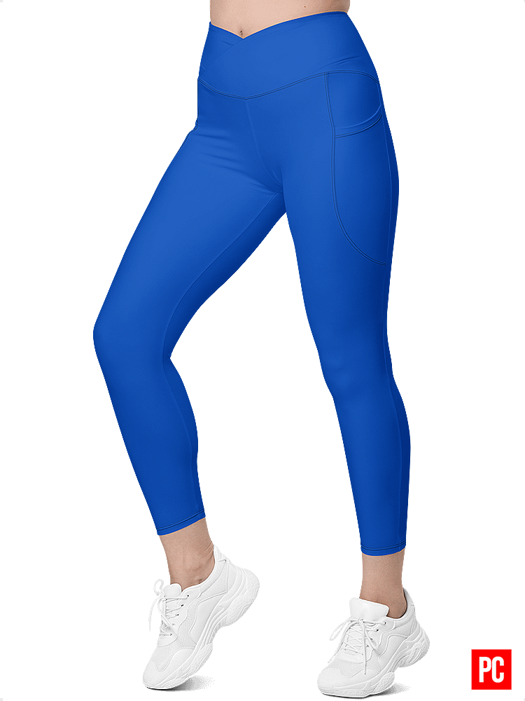 Plain Color Absolute Blue Crossover Leggings with Pockets product image (3)
