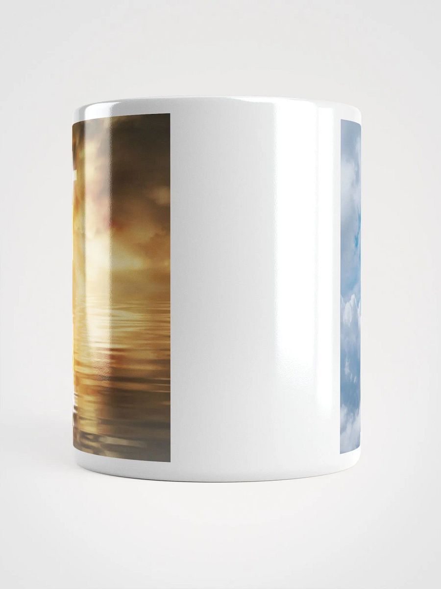 Glowing cross illuminated by intense golden light & a cross surrounded by a heavenly scene, with rays of light shining through soft clouds in a bright blue sky Mug product image (5)