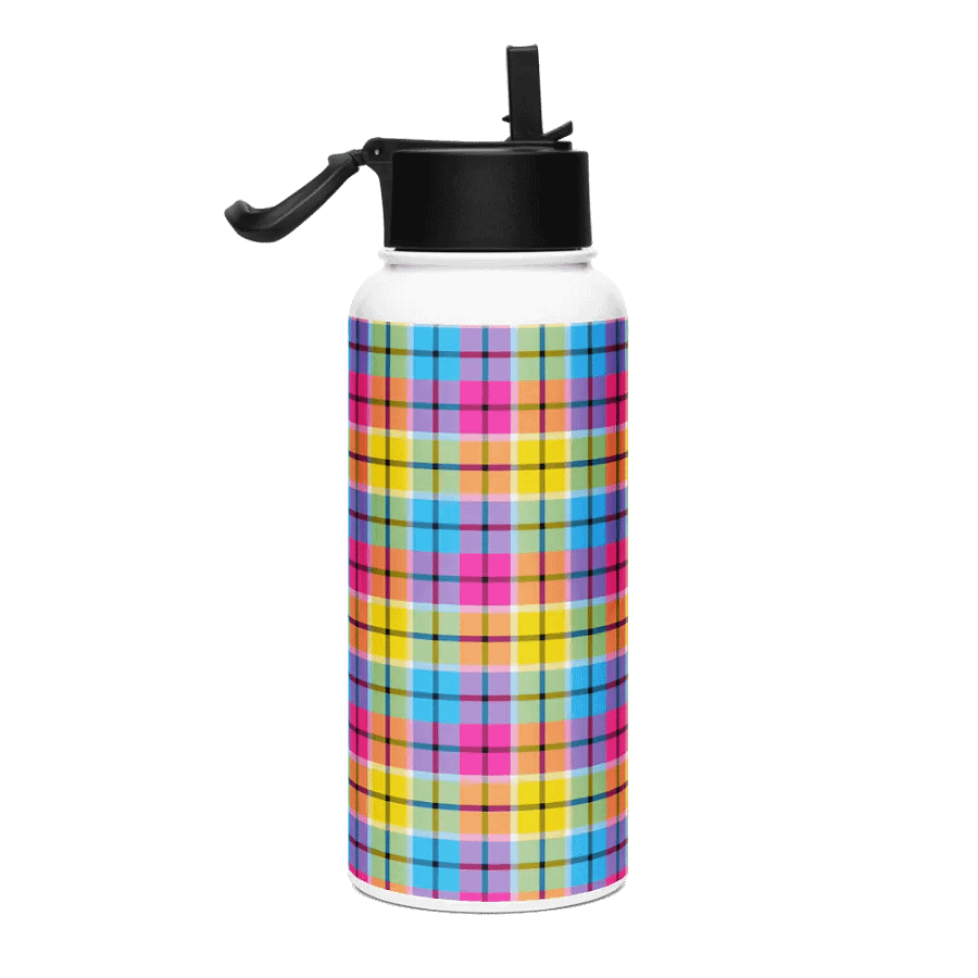 Hot Pink, Turquoise, and Yellow Plaid Water Bottle product image (1)