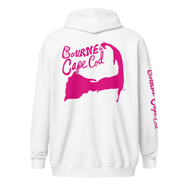 BOURNE to Cape Cod™ | DTG Vintage Print | Zip Hoodie | BRN.2C.C.™ | Coastal Classic Layer | Unisex Heavy Blend Full-Zip Sweatshirt | Pink Logos product image (2)
