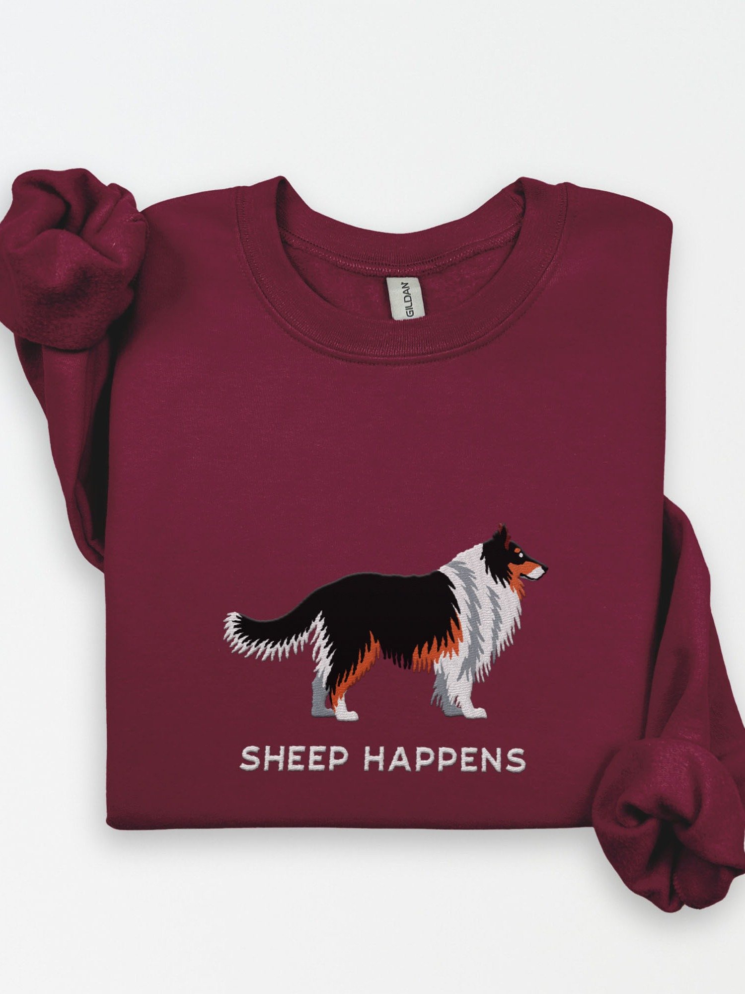 Sheep Happens Sweatshirt (Embroidered) of a Shetland Sheepdog(Tricolor) product image (1)