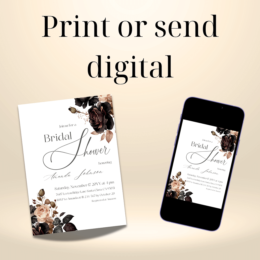 Floral Bridal Shower Invitation, Rustic Wedding Shower Invite Canva Template, Printable Black and White Party Theme Idea, Digital Download product image (9)