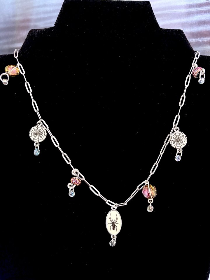 MFD-00248 | Spooky Arachnid Charm Necklace | Spider & Web Charms, Sparkly Gothic Beads, Stainless Steel Paperclip Chain | Handmade Jewelry by Monique Faella Designs™ product image (2)