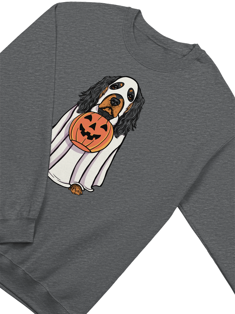 Funny Halloween Cocker Spaniel(Black & Tan) Sweatshirt | Funny Cocker Spaniel Wearing a Ghost Costume and Holding a Pumpkin Basket product image (4)