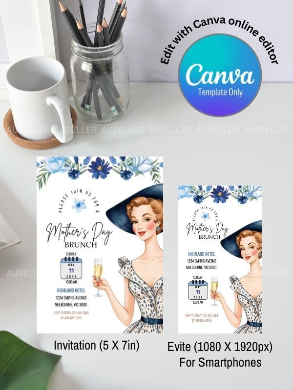 Mother's Day Brunch Invitation Bundle - Lady With Blue Hat product image (4)