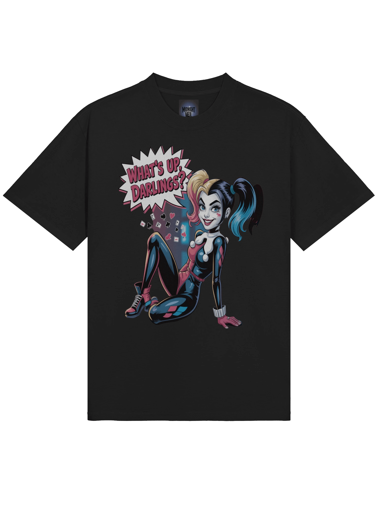 What's Up Darlings: Harley Quinn Card Cascade Oversized Faded Unisex T-Shirt product image (5)