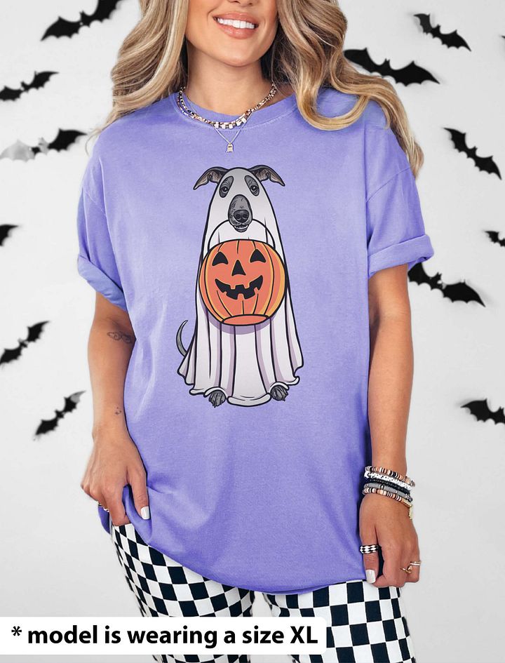 Funny Halloween Italian Greyhound T-Shirt | Funny Iggy Wearing a Ghost Costume and Holding a Pumpkin Basket product image (24)