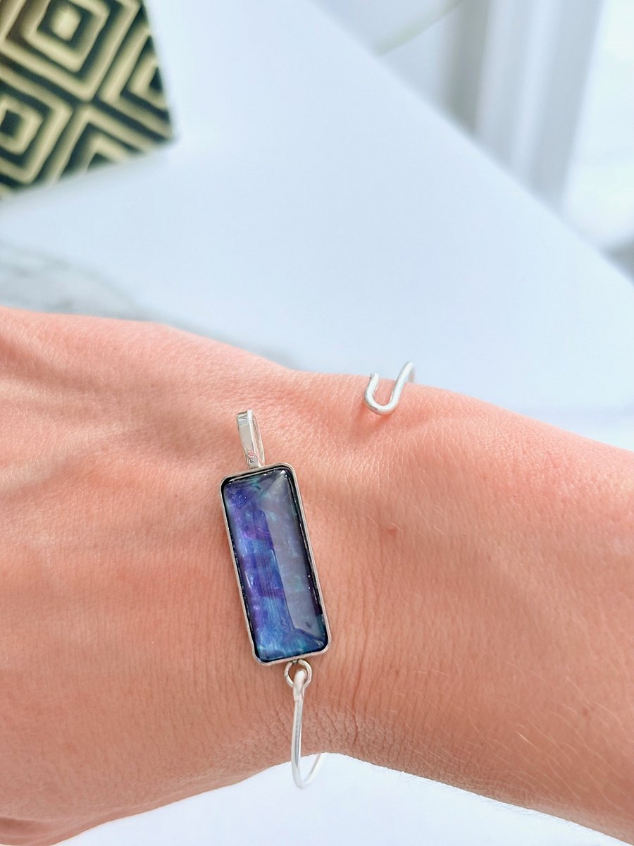 ⚡ Electric Tide Bangle | 6.75" Silver-Plated Wire Bracelet with Purply Blue Rectangle Charm | Handmade Coastal Charm Jewelry by Monique Faella Designs™ | MFD-00177 product image (3)