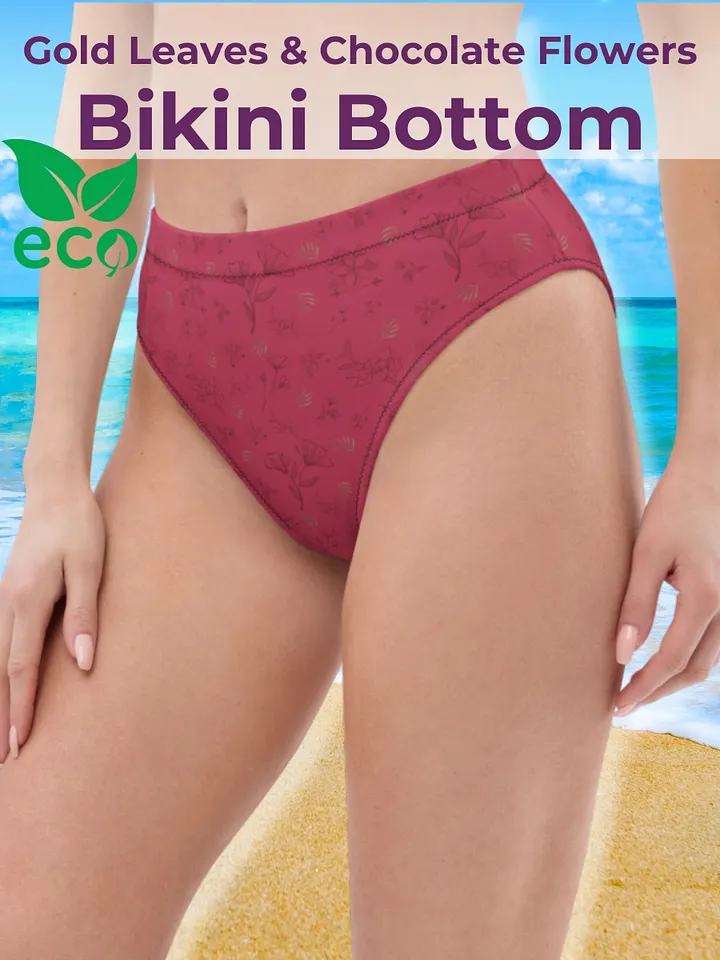 Gold Leaves and Chocolate Flowers on Magenta Eco-Green High-Waisted Bikini Bottoms product image (1)
