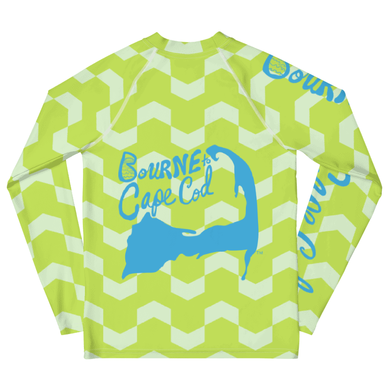 YOUTH | Rash Guard | BRN.2C.C.™ Front Graphic | BOURNE to Cape Cod™ Sleeve & Back Logo | Coastal Swim Shirt for Kids | UV Protection Activewear | Blue Logo | Citrine Green Abstract product image (2)
