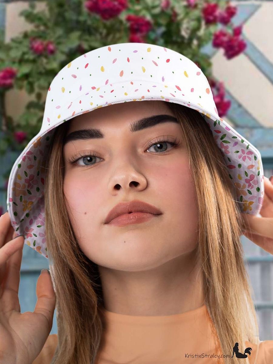 Spring Flowers on White Reversible Bucket Hat with Petal Confetti on White product image (7)