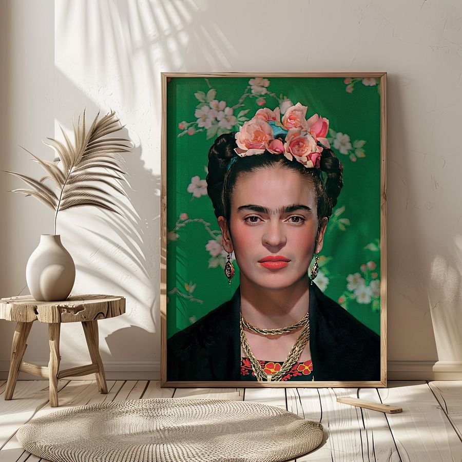Frida Kahlo Portrait Photo in front of Green Floral Background product image (3)