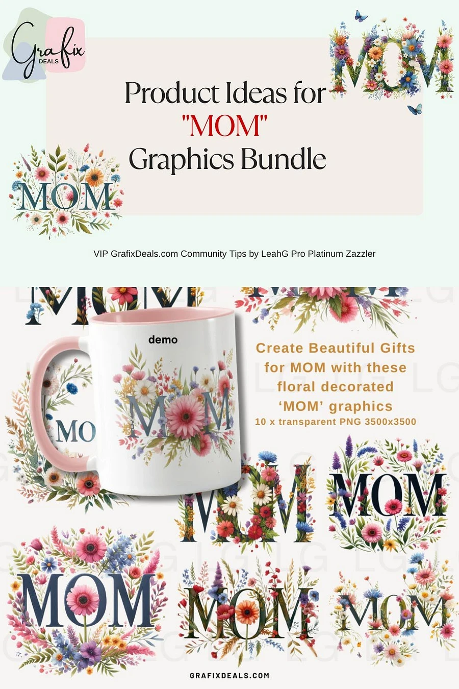 Create Beautiful MOM Gifts with These Decorated Floral 'MOM' Graphics - Commercial POD Use product image (2)