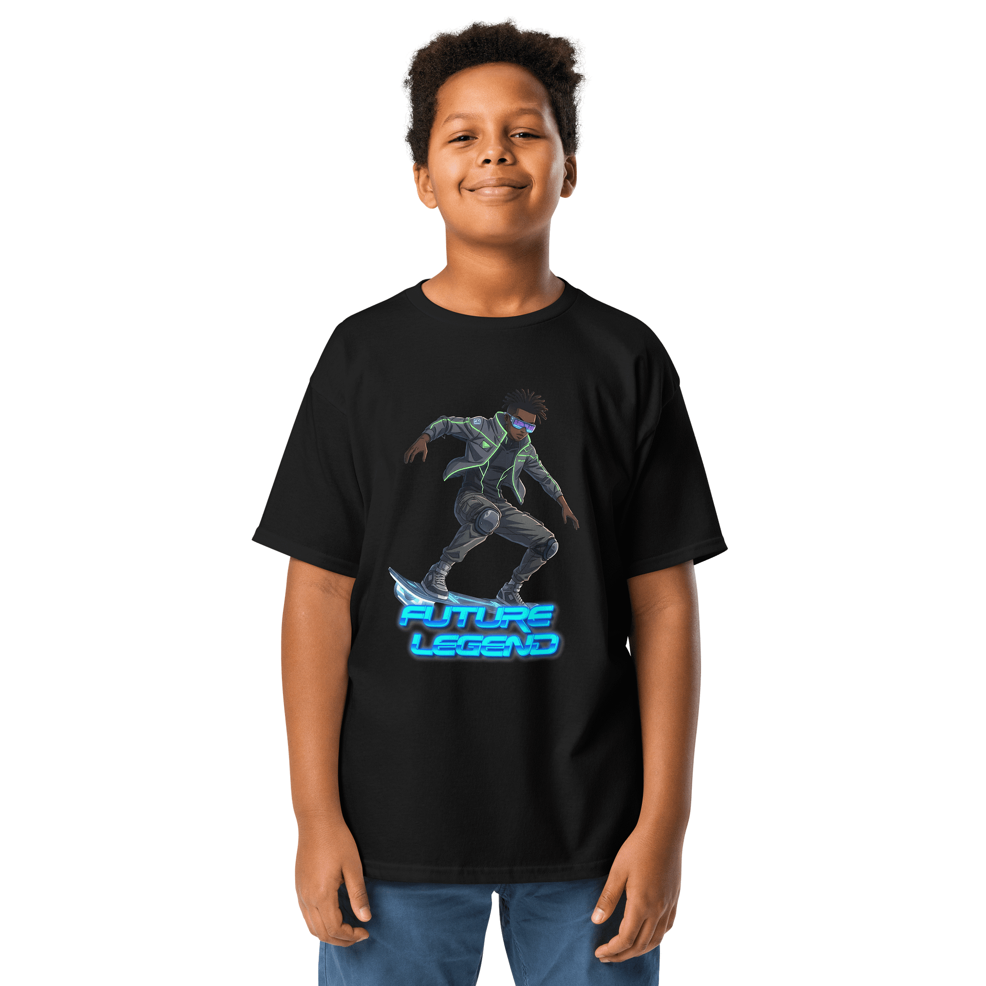 Future Legend Neon Skater T-Shirt – Cyber Streetwear Graphic T-Shirt for Kids/Young Adults product image (1)