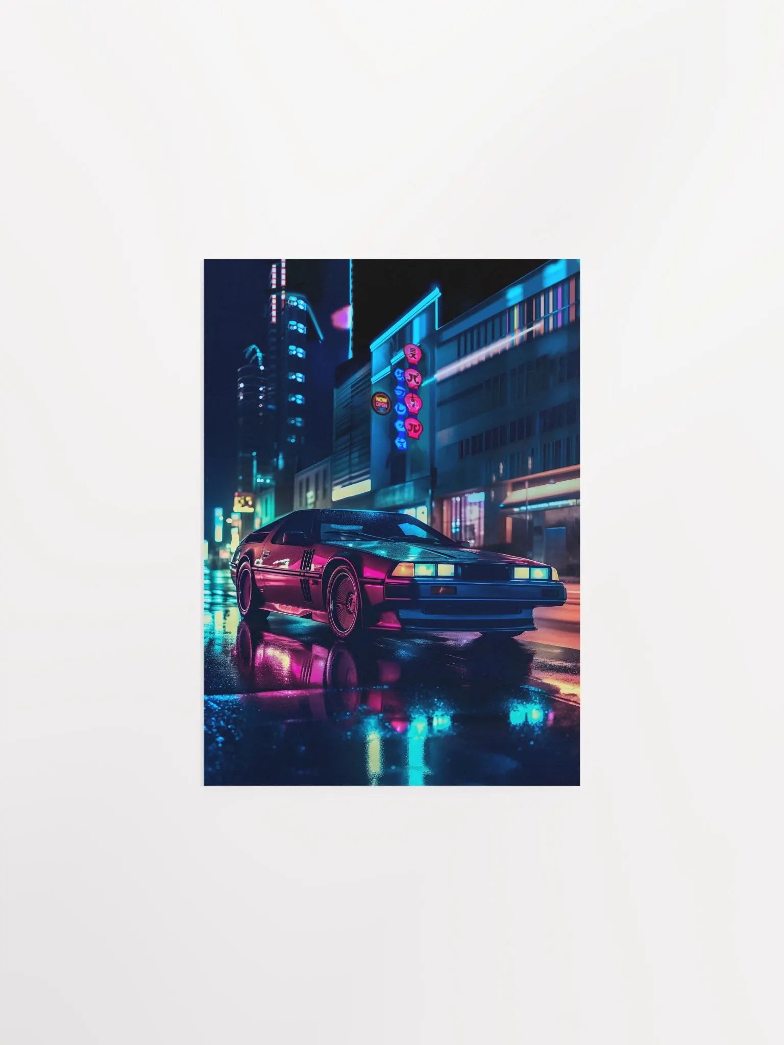 Sleek retrowave car DMC DeLorean with synthwave neon lights [synthwave/vaporwave/cyberpunk] — aesthetic art print product image (6)